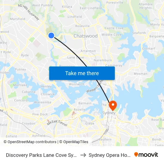 Discovery Parks Lane Cove Sydney to Sydney Opera House map