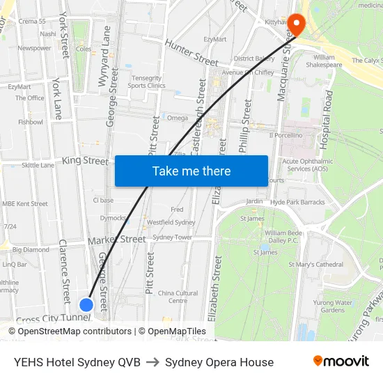 YEHS Hotel Sydney QVB to Sydney Opera House map