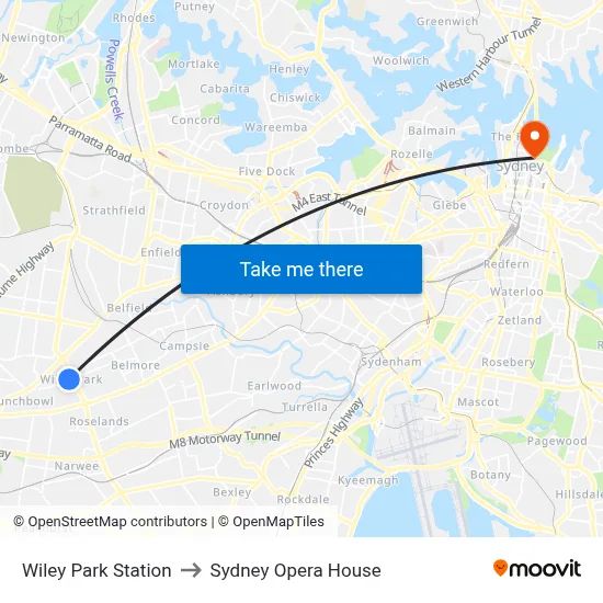 Wiley Park Station to Sydney Opera House map