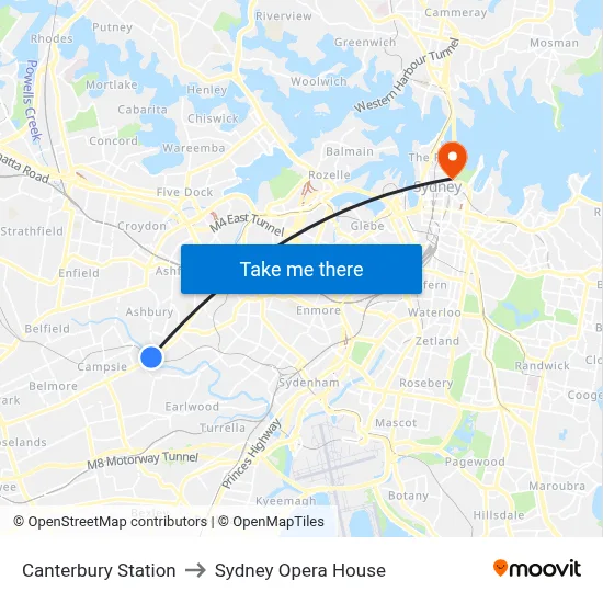 Canterbury Station to Sydney Opera House map