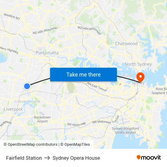 Fairfield Station to Sydney Opera House map