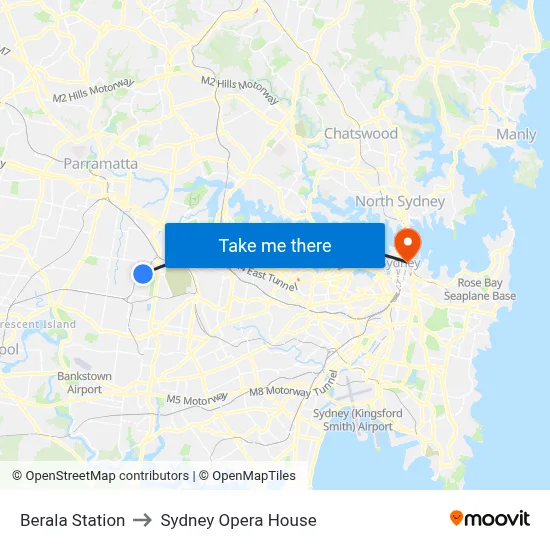 Berala Station to Sydney Opera House map