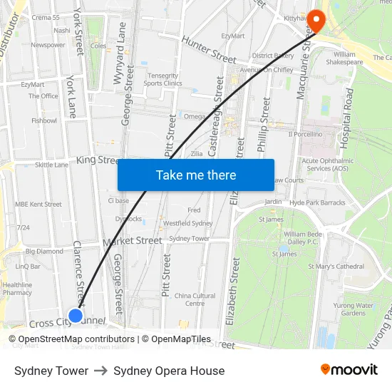 Sydney Tower to Sydney Opera House map