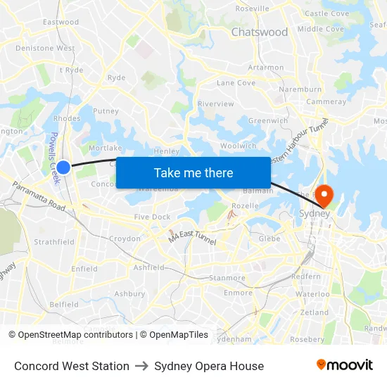 Concord West Station to Sydney Opera House map