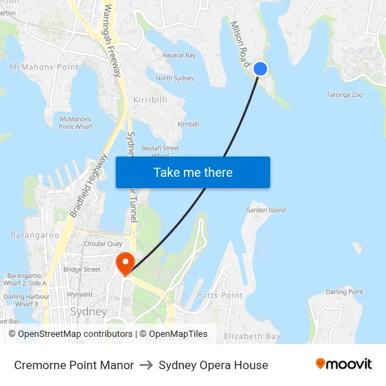 Cremorne Point Manor to Sydney Opera House map