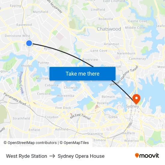 West Ryde Station to Sydney Opera House map