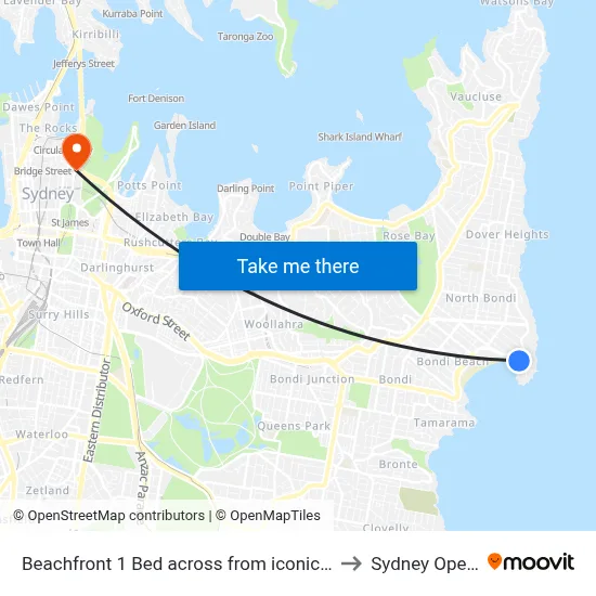 Beachfront 1 Bed across from iconic BONDI BEACH, Sydney to Sydney Opera House map