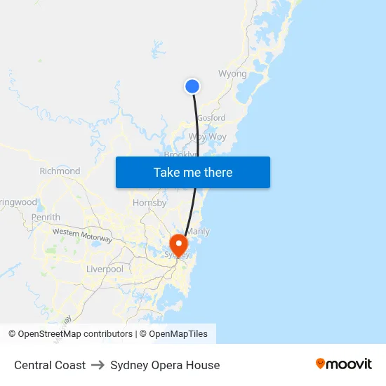 Central Coast to Sydney Opera House map