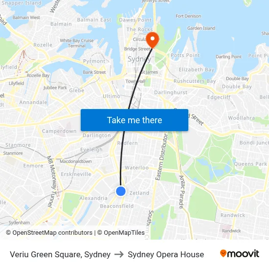 Veriu Green Square, Sydney to Sydney Opera House map