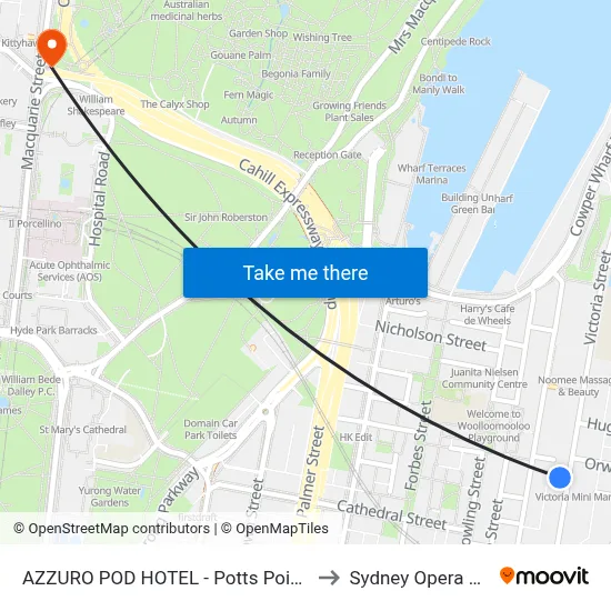 AZZURO POD HOTEL - Potts Point, Sydney to Sydney Opera House map