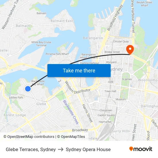 Glebe Terraces, Sydney to Sydney Opera House map