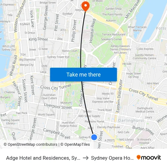 Adge Hotel and Residences, Sydney to Sydney Opera House map