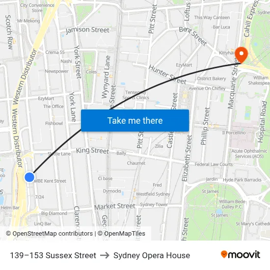 139–153 Sussex Street to Sydney Opera House map