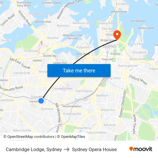 Cambridge Lodge, Sydney to Sydney Opera House map