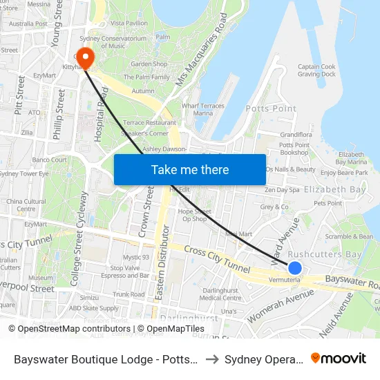 Bayswater Boutique Lodge - Potts Point, Sydney to Sydney Opera House map