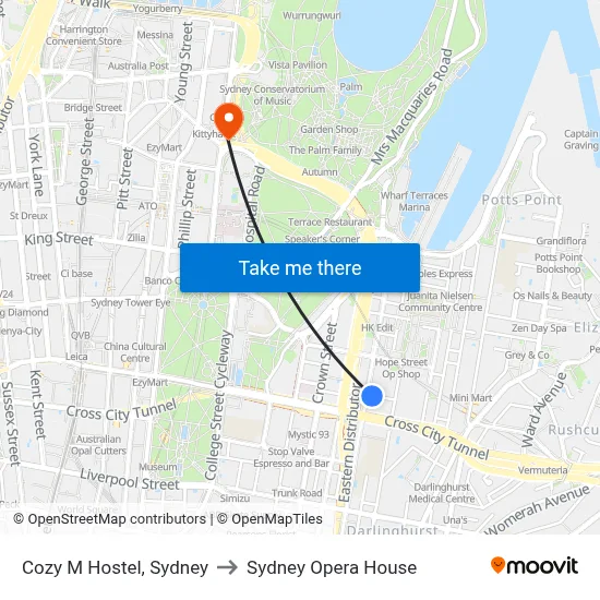 Cozy M Hostel, Sydney to Sydney Opera House map
