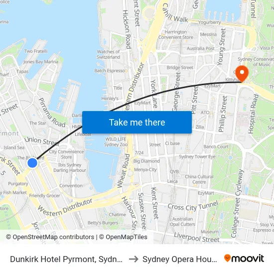 Dunkirk Hotel Pyrmont, Sydney to Sydney Opera House map