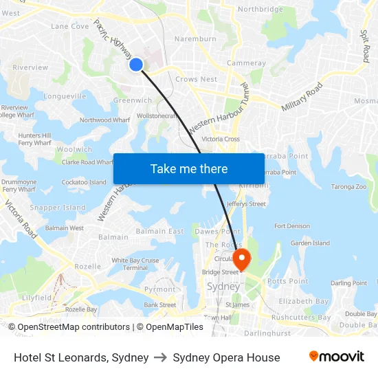 Hotel St Leonards, Sydney to Sydney Opera House map