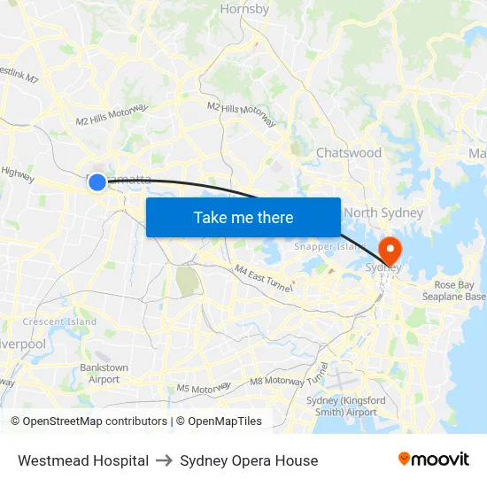 Westmead Hospital to Sydney Opera House map