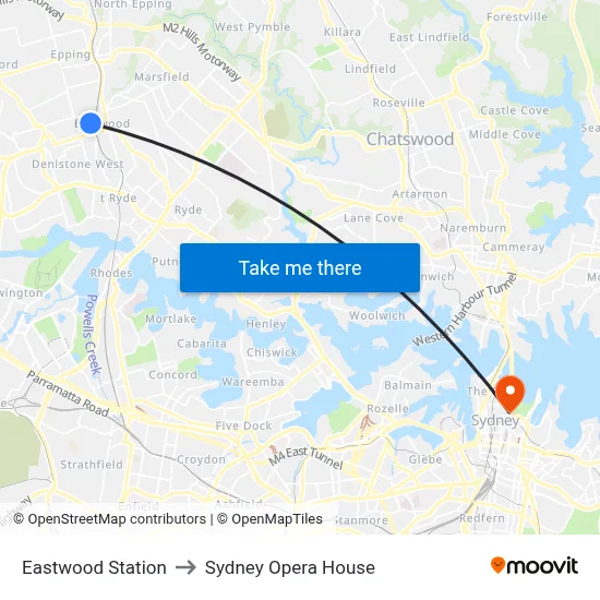 Eastwood Station to Sydney Opera House map