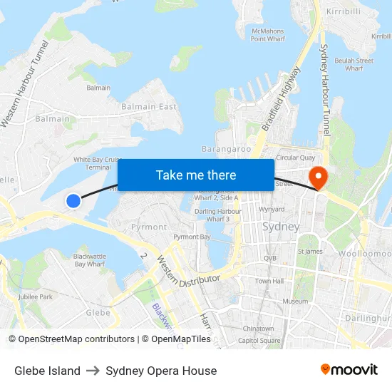 Glebe Island to Sydney Opera House map