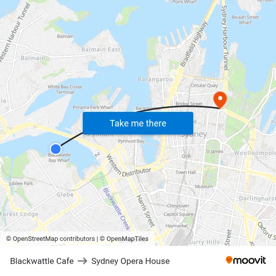 Blackwattle Cafe, Glebe NSW 2037 to Sydney Opera House map