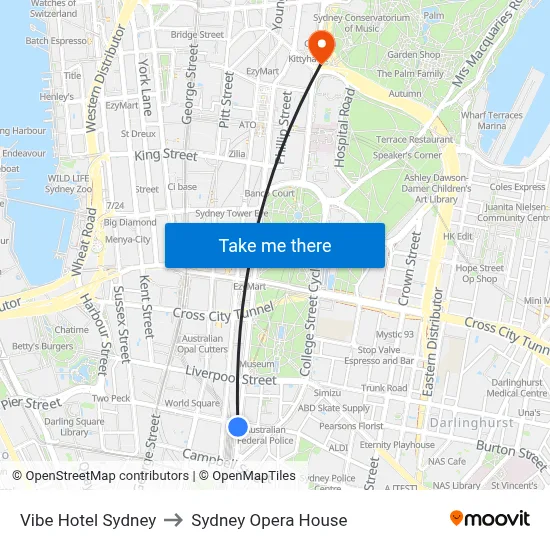 Vibe Hotel Sydney to Sydney Opera House map
