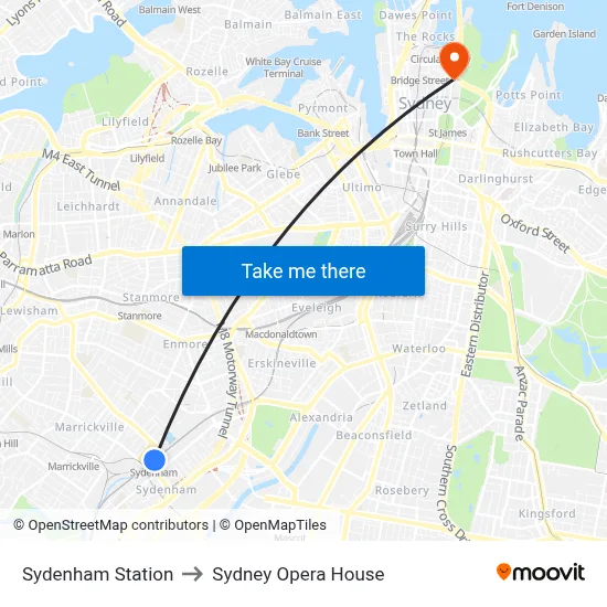 Sydenham Station to Sydney Opera House map