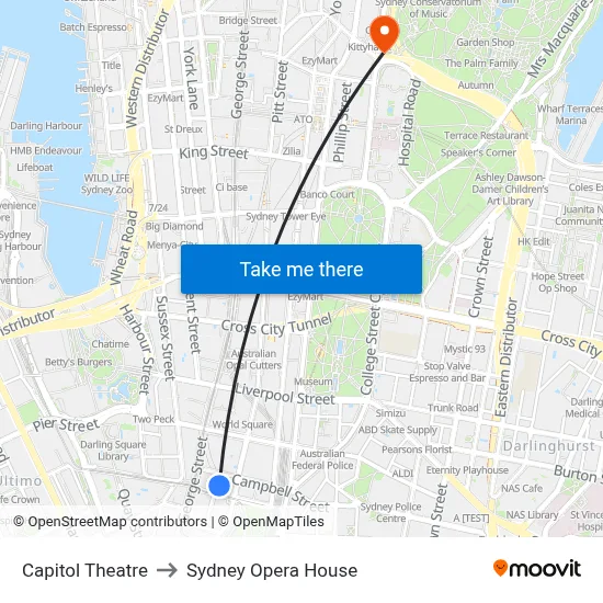 Capitol Theatre to Sydney Opera House map