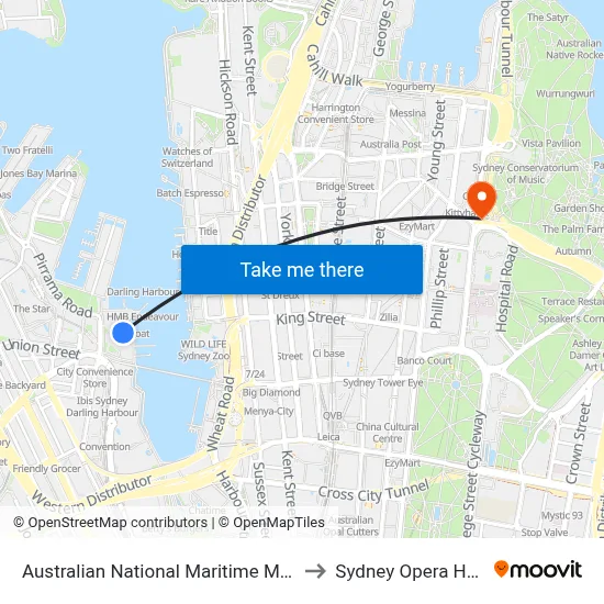 Australian National Maritime Museum to Sydney Opera House map