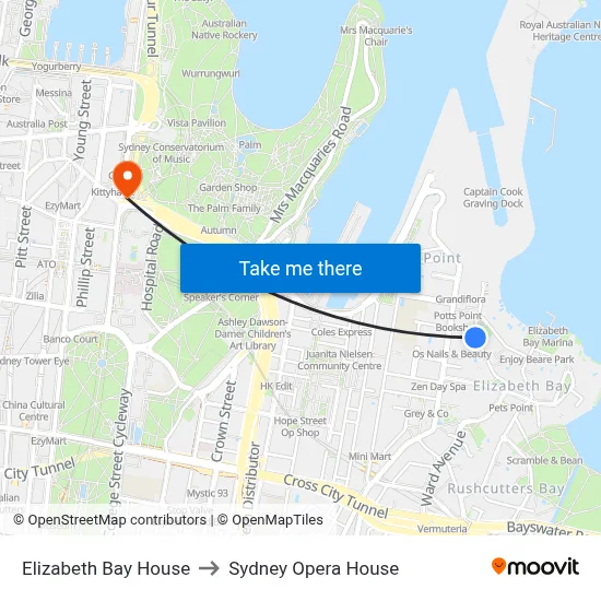 Elizabeth Bay House to Sydney Opera House map