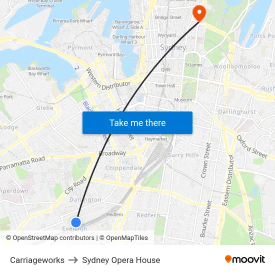 Carriageworks to Sydney Opera House map