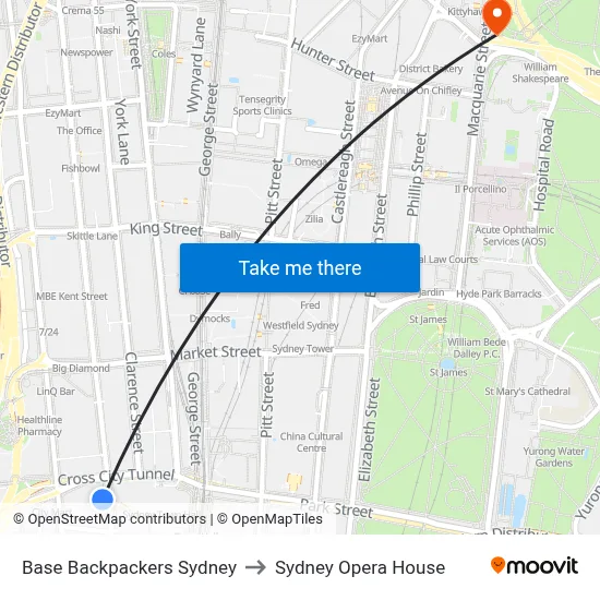 Base Backpackers Sydney to Sydney Opera House map