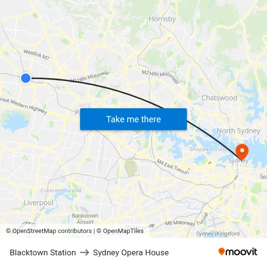 Blacktown Station to Sydney Opera House map