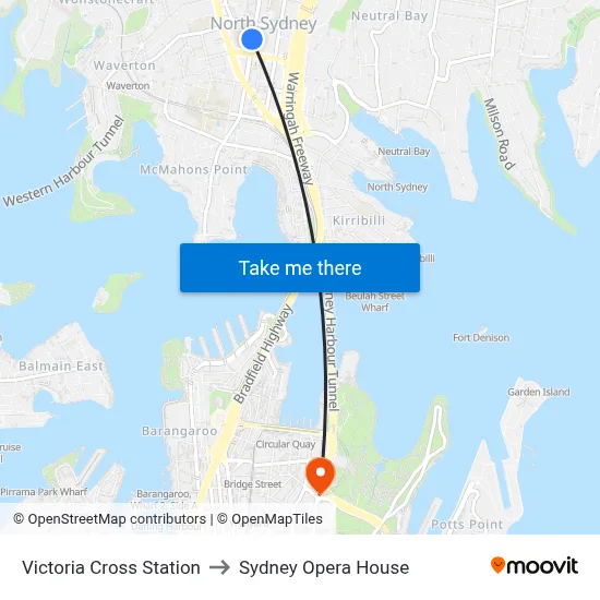 Victoria Cross Station to Sydney Opera House map