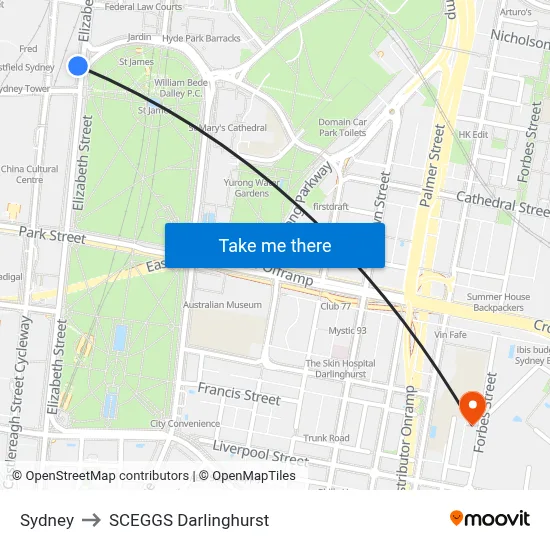 Sydney to SCEGGS Darlinghurst map