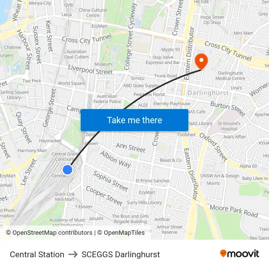 Central Station to SCEGGS Darlinghurst map