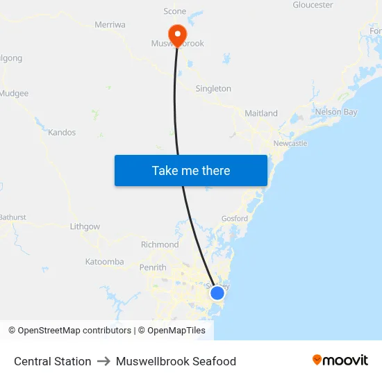 Central Station to Muswellbrook Seafood map