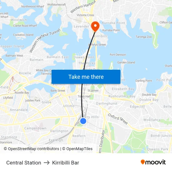 Central Station to Kirribilli Bar map