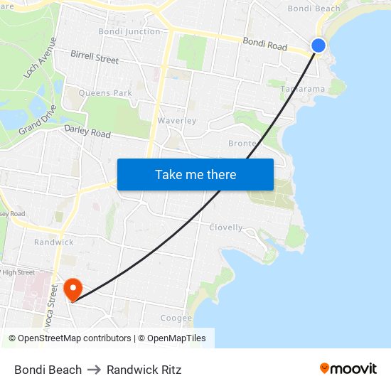 Bondi Beach to Randwick Ritz map