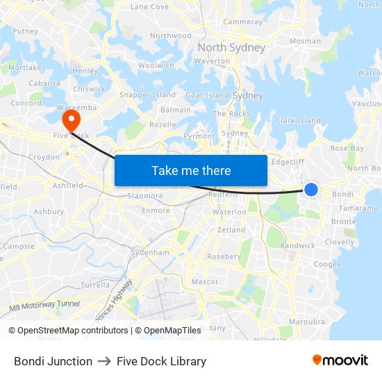 Bondi Junction to Five Dock Library map