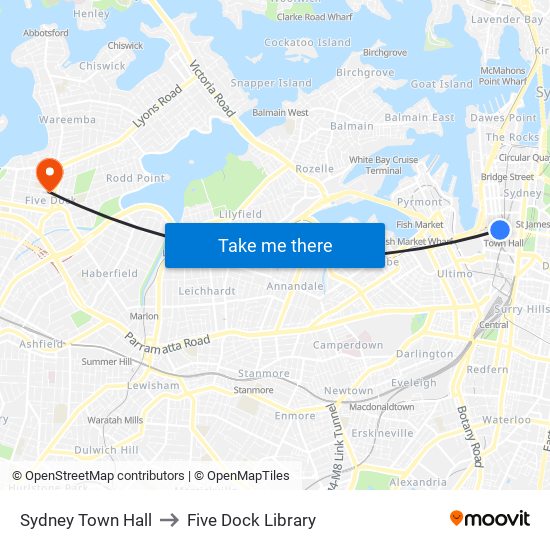 Sydney Town Hall to Five Dock Library map