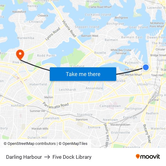 Darling Harbour to Five Dock Library map