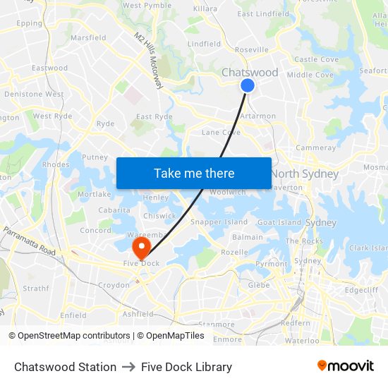 Chatswood Station to Five Dock Library map