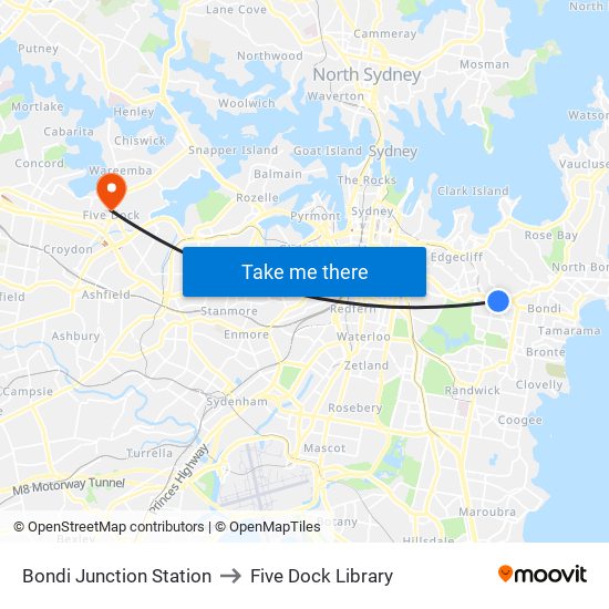 Bondi Junction Station to Five Dock Library map