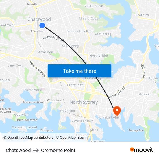 Chatswood to Cremorne Point map