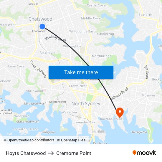 Hoyts Chatswood to Cremorne Point map