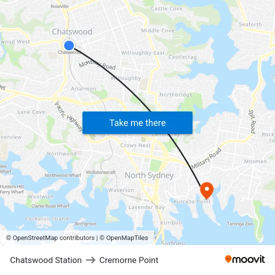 Chatswood Station to Cremorne Point map