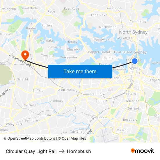 Circular Quay Light Rail to Homebush map