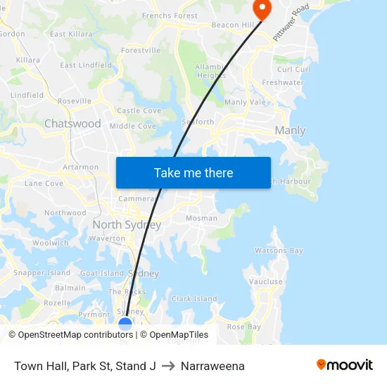 Town Hall, Park St, Stand J to Narraweena map